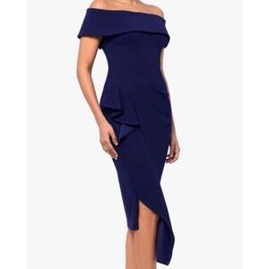 Betsy & Adam Side Pleat Ruffle Sheath Dress Navy Blue Sz 4 Style A24748 NWT $239